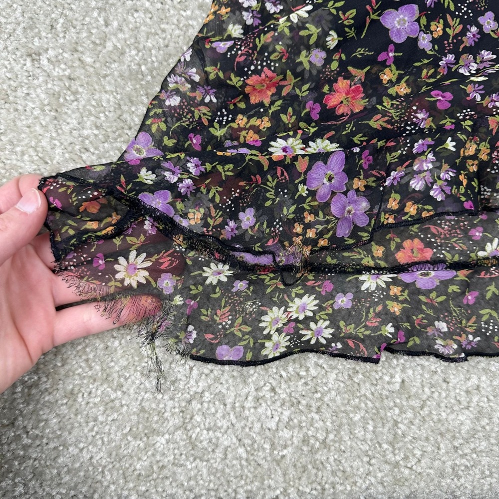 City Triangles Vintage 90s Floral Chiffon Ruffle Midi Dress Black Purple Size 11 - Picture 3 of 12